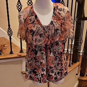 Lucky Brand Floral Chiffon Blouse - Pink and Black